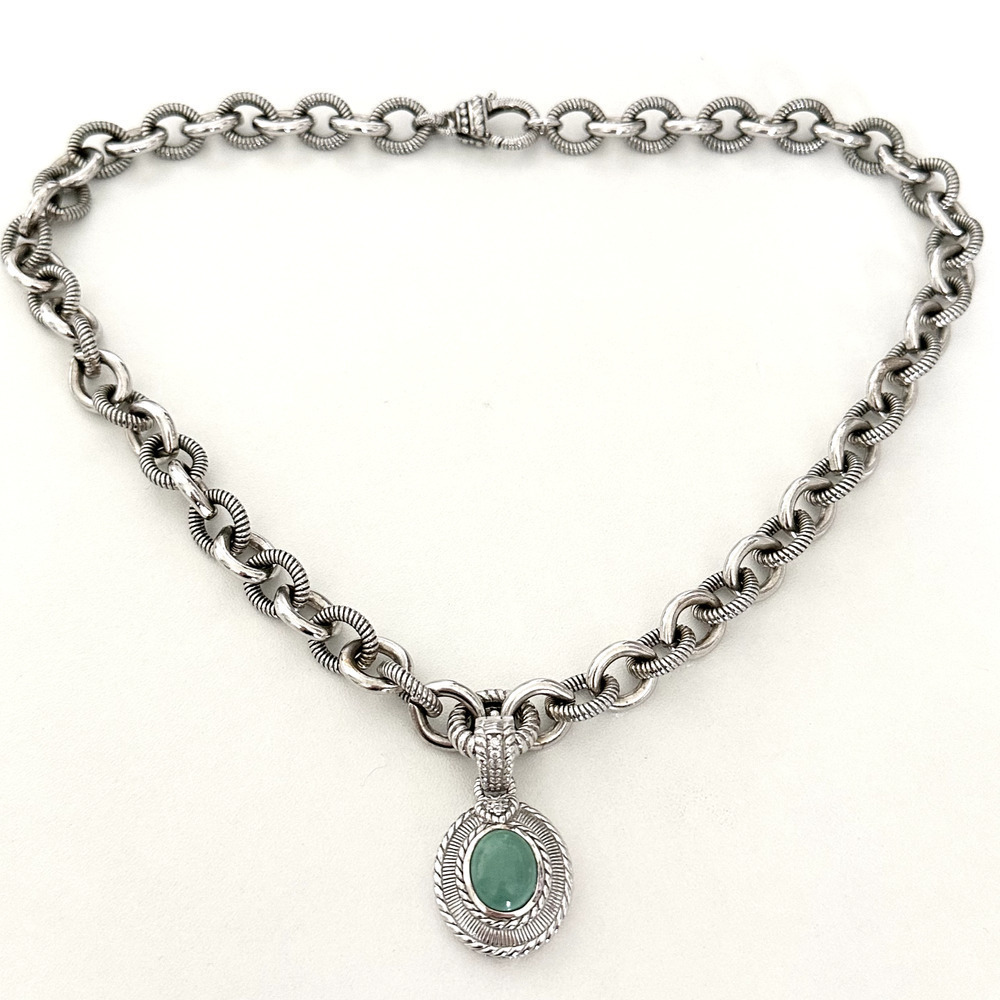 Judith Ripka 925 Sterling Silver Turquoise Pendant Heavy Rolo Chain Necklace 20"